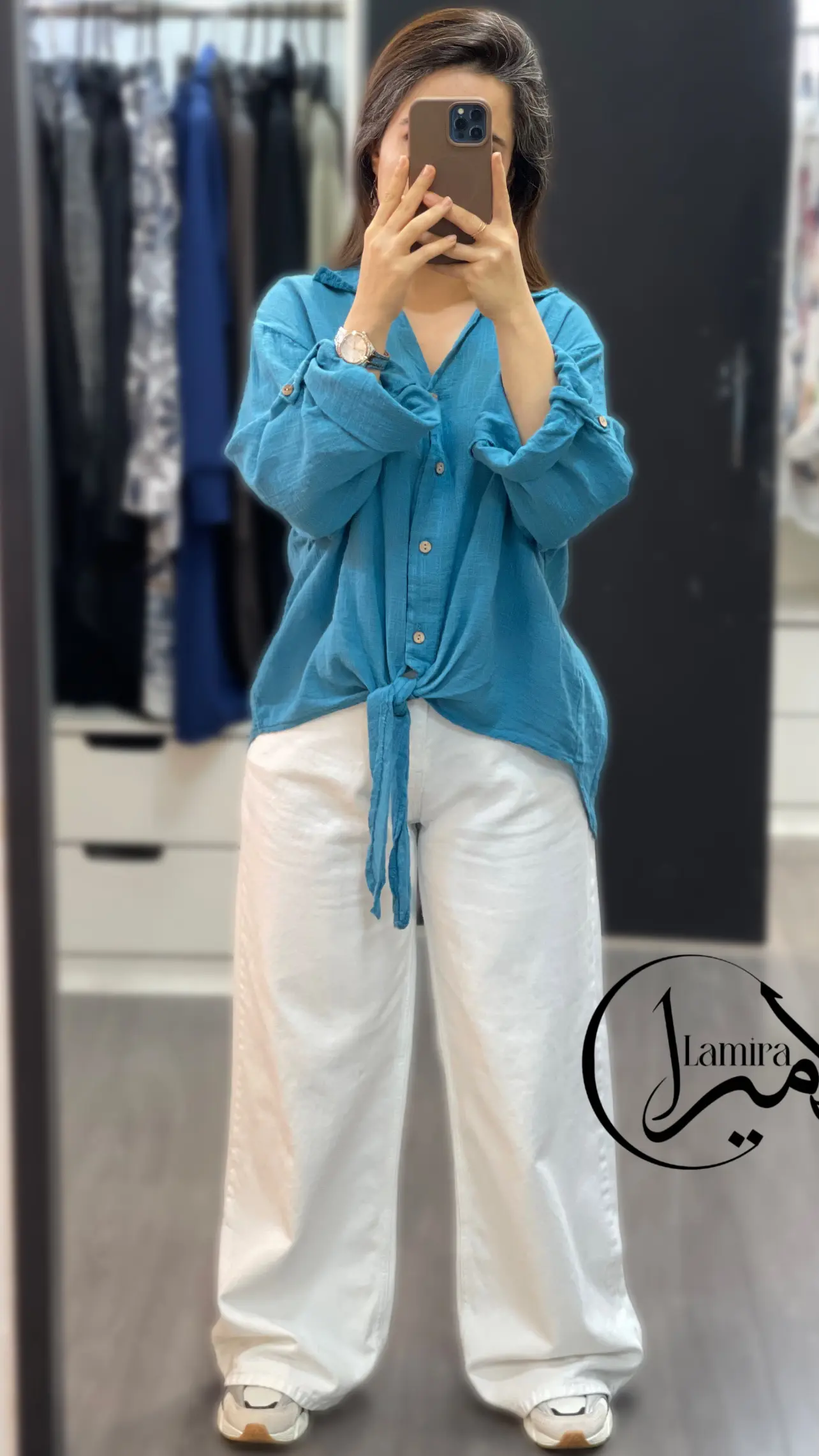 شومیز لینن ایتالیایی گره ای ساده تک رنگ